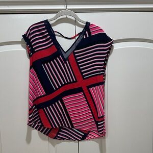 Express Pink and Navy Geometric V-Neck Blouse